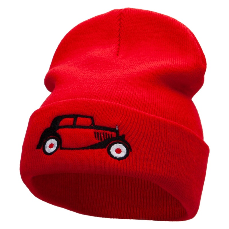 Vintage Vehicle Embroidered 12 Inch Long Knitted Beanie Red One Size