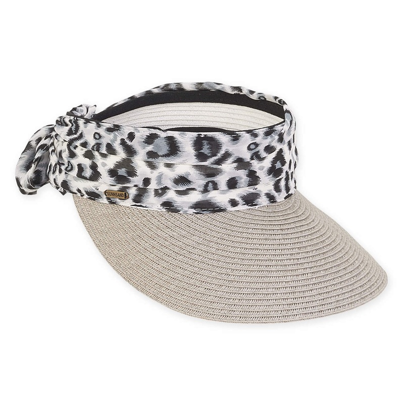 Wide Brim Sun Visor with Animal Print Sash – Sun ‘N’ Sand Hats Grey