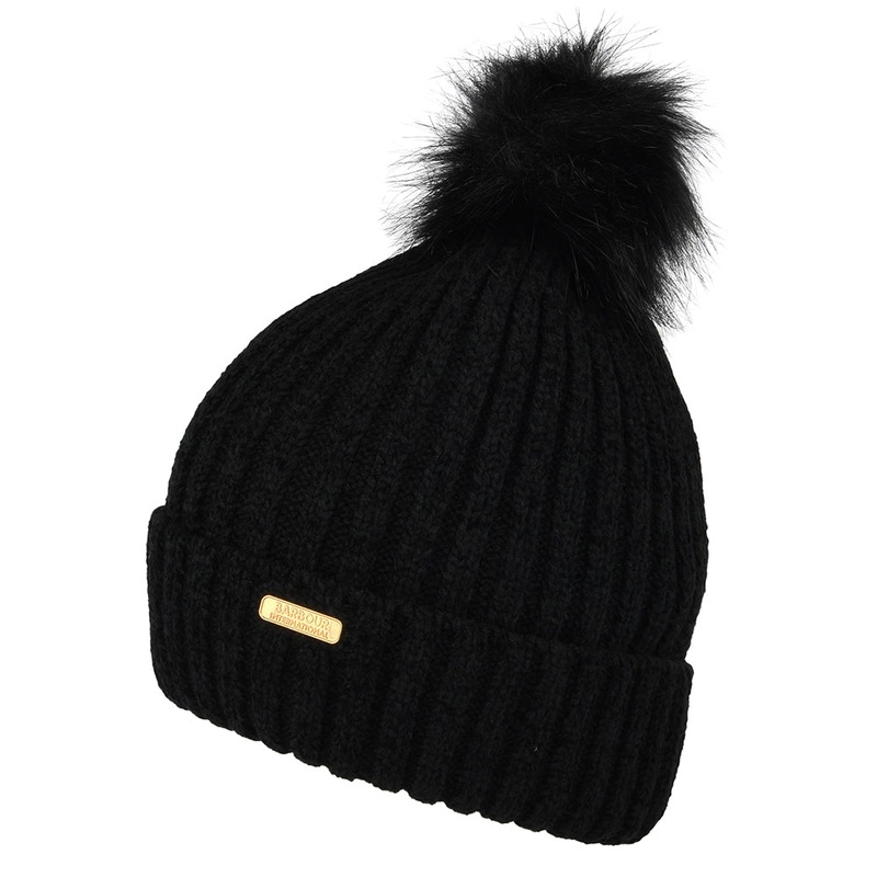 Barbour International Redgrave Chenille Faux Fur Pom Bobble Hat – Black 1-Size
