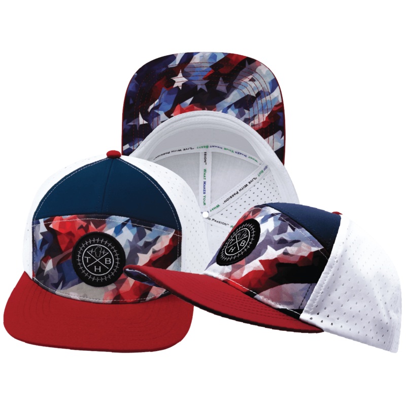 Color Vibes Hat – Flat Bill – Geo Flag – Dark Red / Navy / White – Laser Mesh