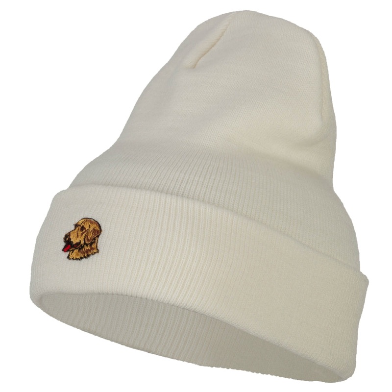 Golden Retriever Head Embroidered Long Knitted Beanie White One Size