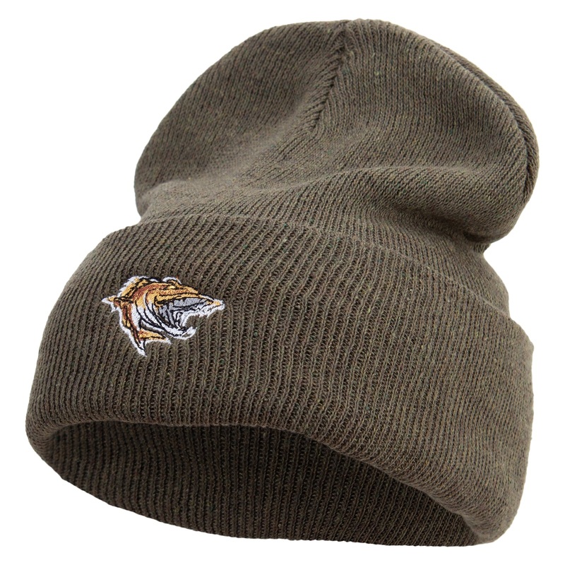 Made in USA Wild Fish Illustration Stretch ECO Cotton Long Beanie Olive One Size