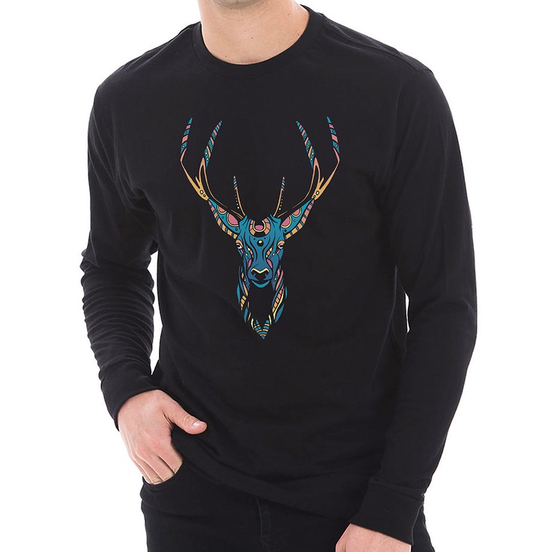 Psychedelic Deer Graphic Long Sleeve Crewneck Tee Black XS