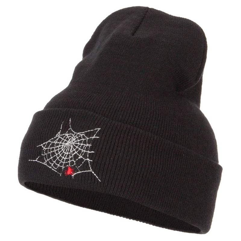 Spider Web Embroidered Long Beanie Black One Size