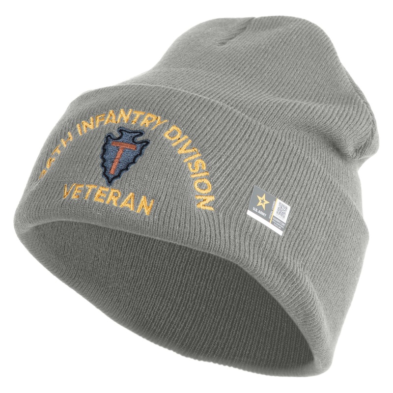 U.S. Army 36th Infantry Division Logo Embroidered 12 Inch Solid Knit Cuff Long Beanie Made in USA Dk Ash One Size