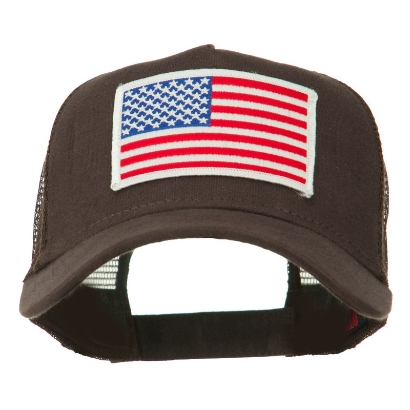 American Flag Patched 5 Panel Mesh Back Cap Dark Brown One Size