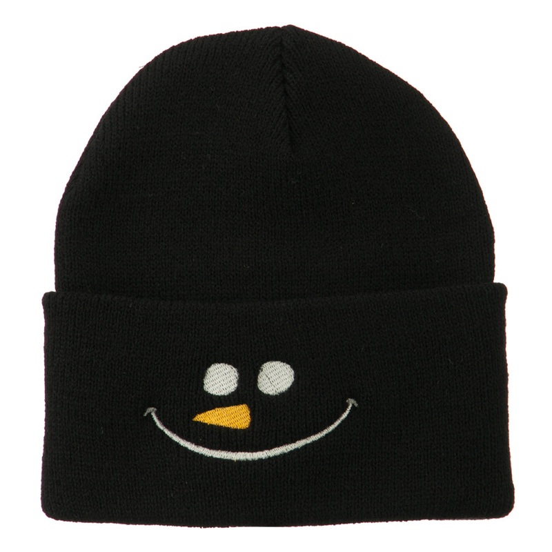 Christmas Snowman Smile Embroidered Beanie Black One Size
