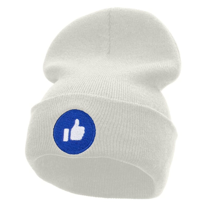 Give Thumbs Up Embroidered 12 Inch Long Knitted Beanie White One Size