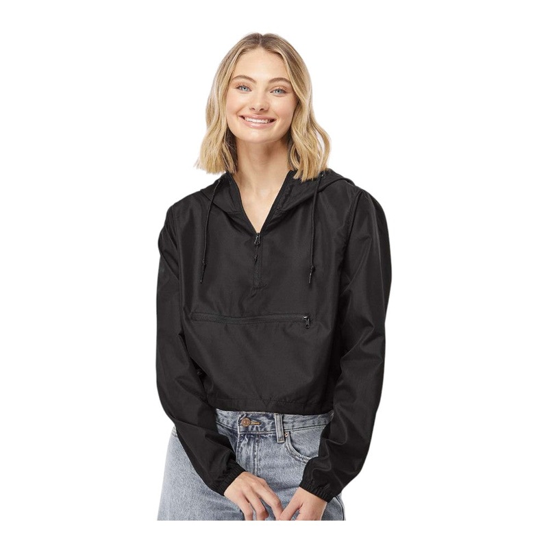 Independent Trading Co EXP64CRP Women’s Lightweight Quarter-Zip Pullover Crop Windbreaker Black XS