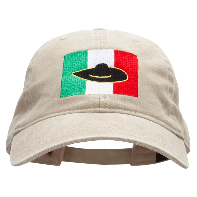 Mexican Flag Sombredo Embroidered Washed Cotton Brass Buckle Cap Khaki One Size