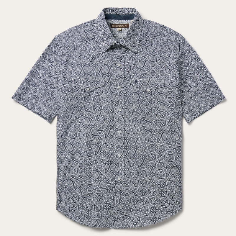 Navy Print Short Sleeve Western Shirt Blue S