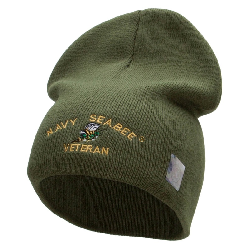 Navy Seabee Veteran Embroidered Short Beanie Made in USA Olive One Size