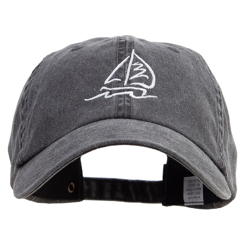 Sailboat and Wave Embroidered Big Size Washed Pigment Dyed Cap Black XL-3XL