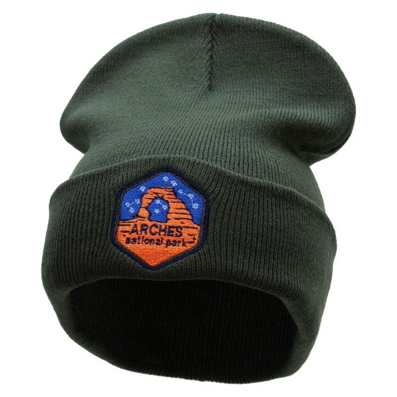 Arches Embroidered 12 Inch Long Knitted Beanie Olive One Size