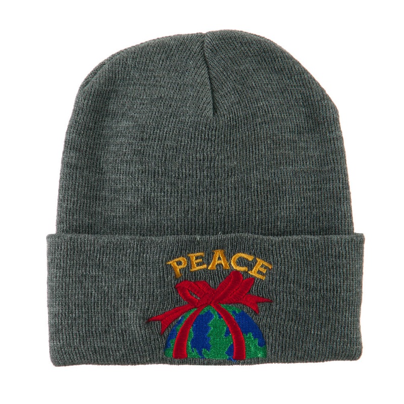 Christmas World Peace Embroidered Beanie Grey One Size