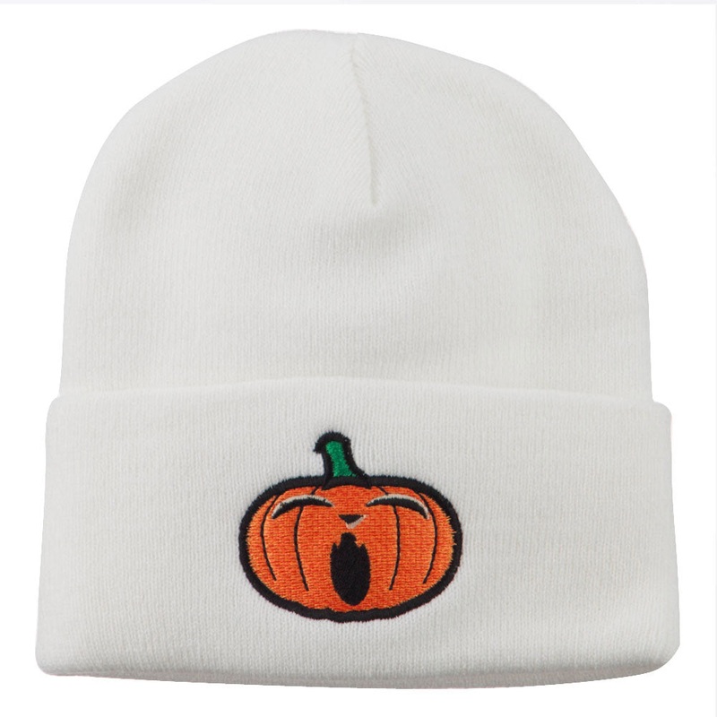 Halloween Yawning Jack o Lantern Embroidered Long Beanie White One Size
