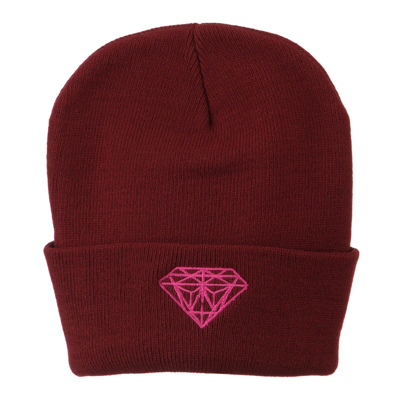 Hot Pink Diamond Embroidered Long Cuff Beanie Maroon One Size