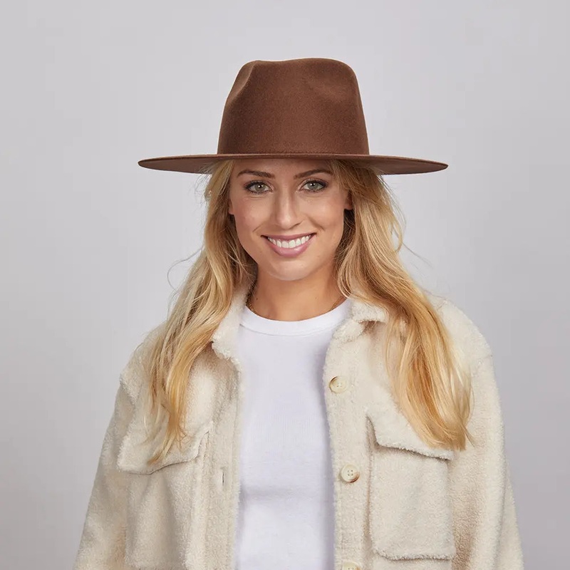 Rancher | Womens Wide Brim Felt Fedora Hat Brown SM