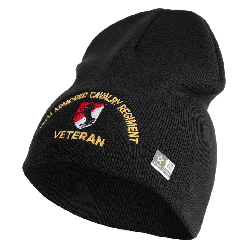 U.S. Army 11th Armored Cavalry Regiment Symbol Embroidered 8 Inch Solid Knit Short Beanie Made in USA Black One Size