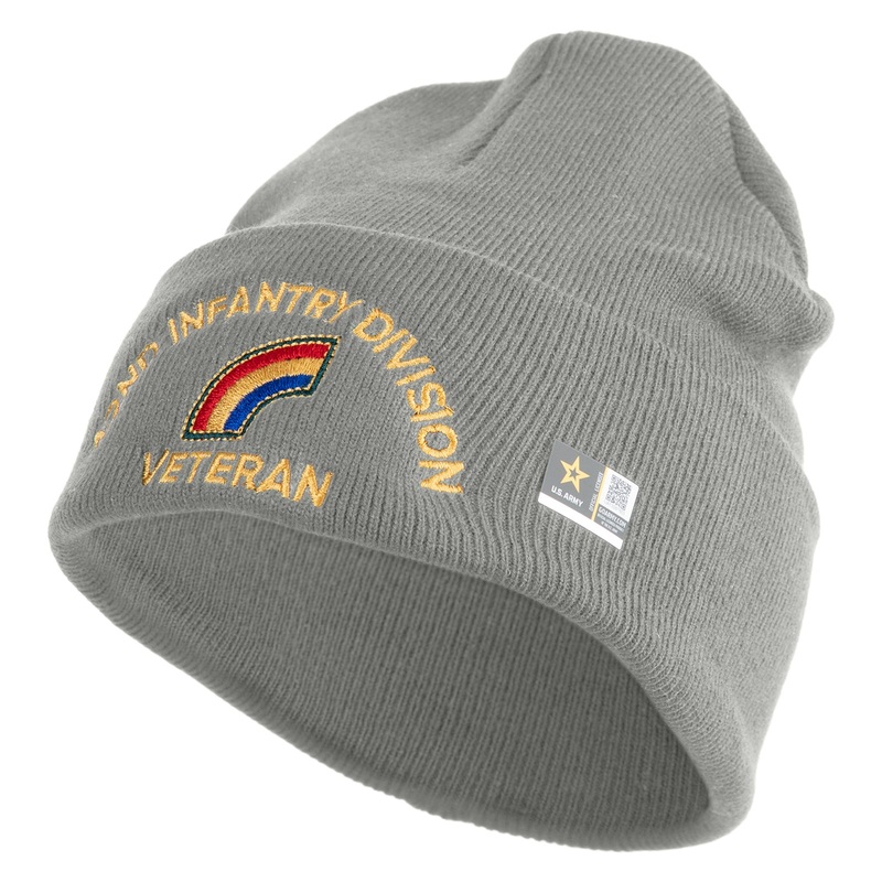 U.S. Army 42nd Infantry Division Logo Embroidered 12 Inch Solid Knit Cuff Long Beanie Made in USA Dk Ash One Size