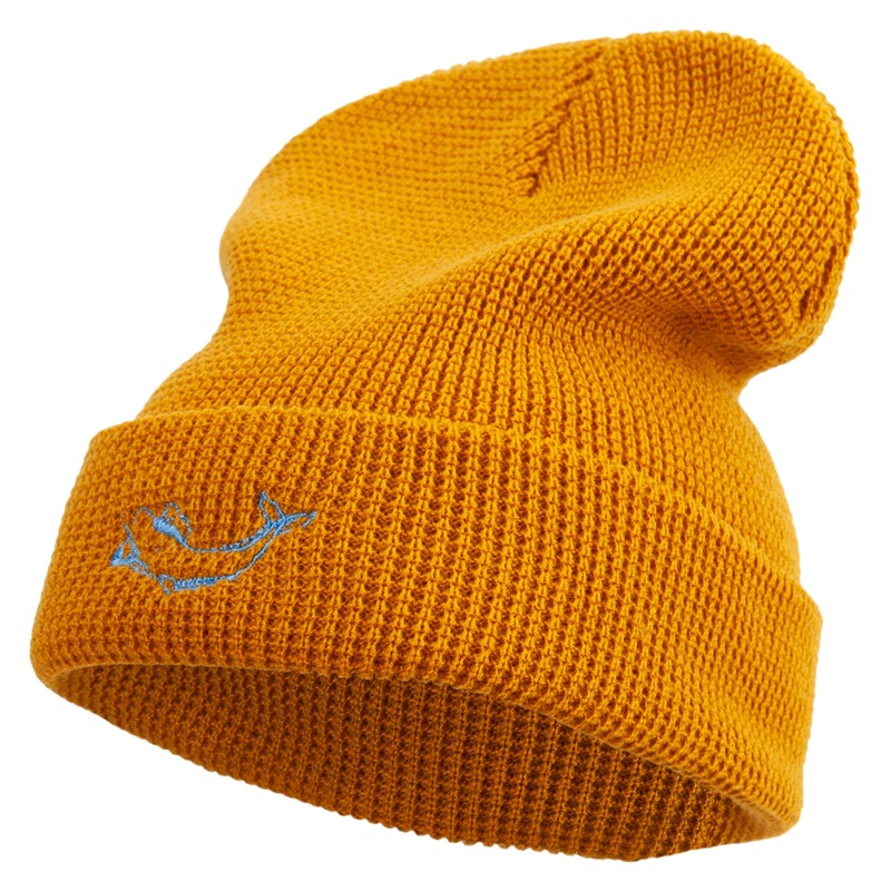 White Sperm Whale Embroidered Waffle Knit Cuff Beanie Camel One Size