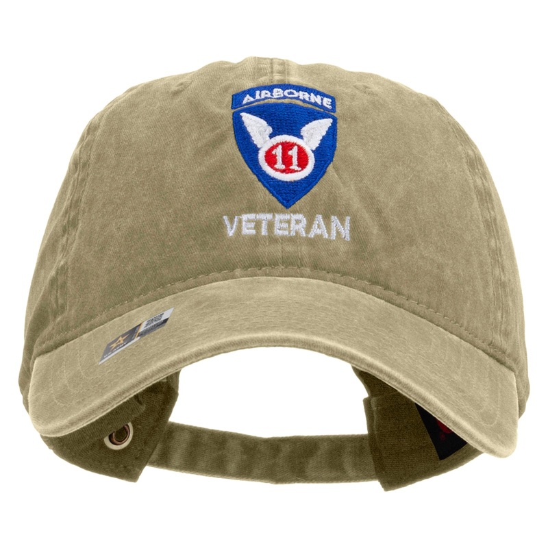 11th Airborne Division Veteran Embroidered Washed Solid Pigment Dyed Cotton Twill Brass Buckle Cap Khaki One Size