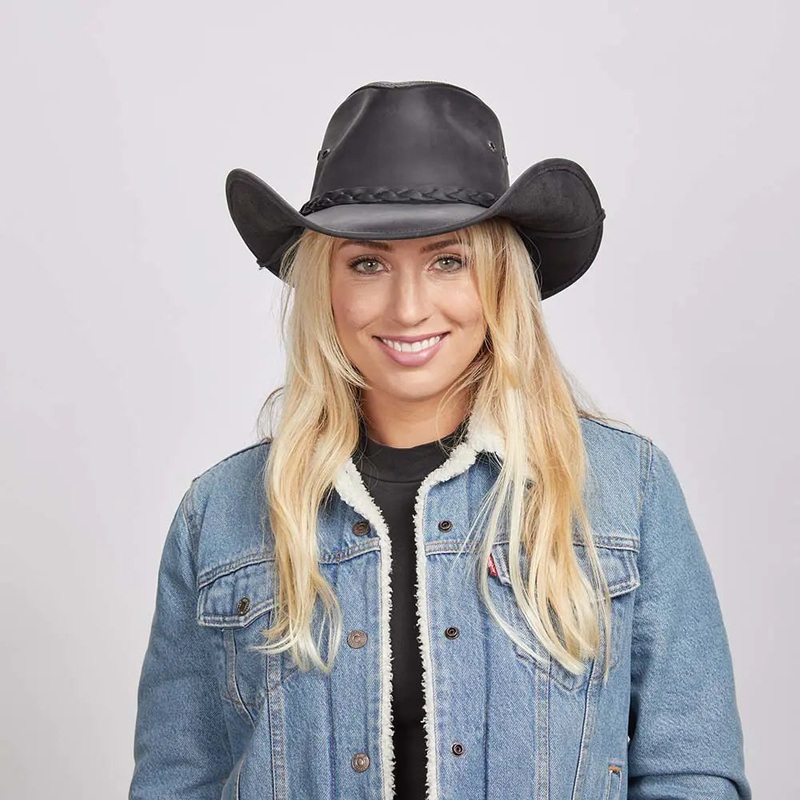 Hollywood Black | Womens Black Leather Cowgirl Hat Black SM