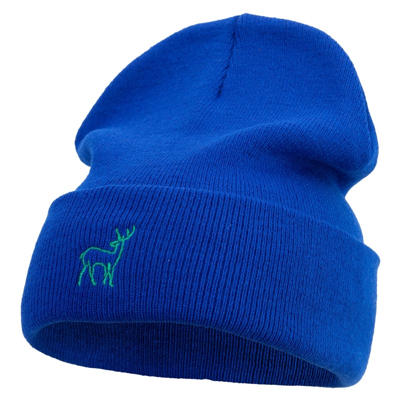 Made in USA Lineal Deer Embroidered 12 Inch Solid Knit Cuff Long Beanie Royal Blue One Size