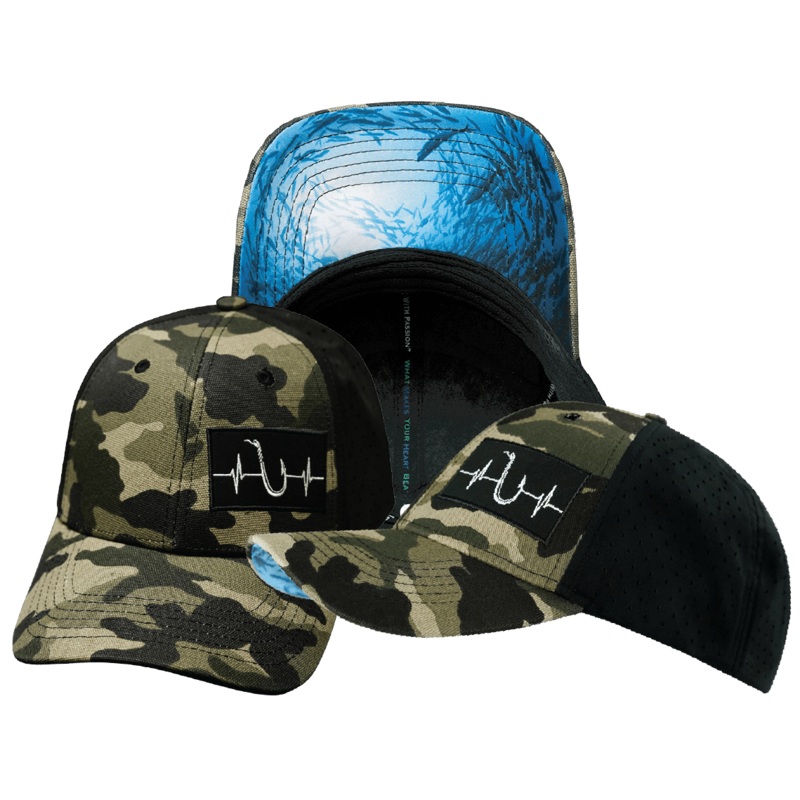 Fishing Hat – Low Profile – Ponytail – Light Camo / Black – Laser Mesh