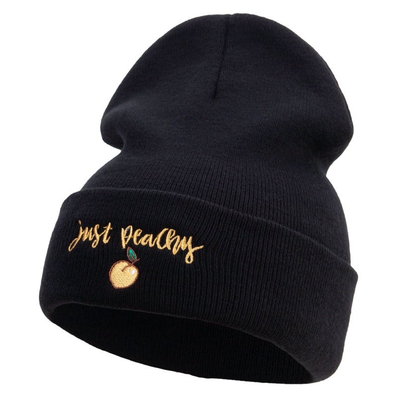 Just Peachy Embroidered 12 inch Acrylic Cuffed Long Beanie Black One Size