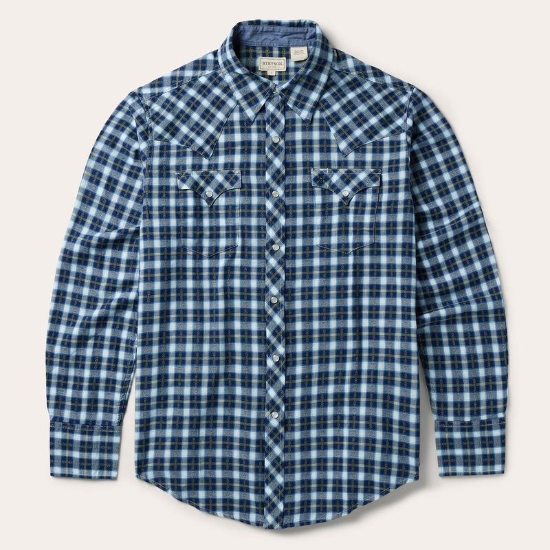 Plaid Twill Dobby Western Shirt Blue S