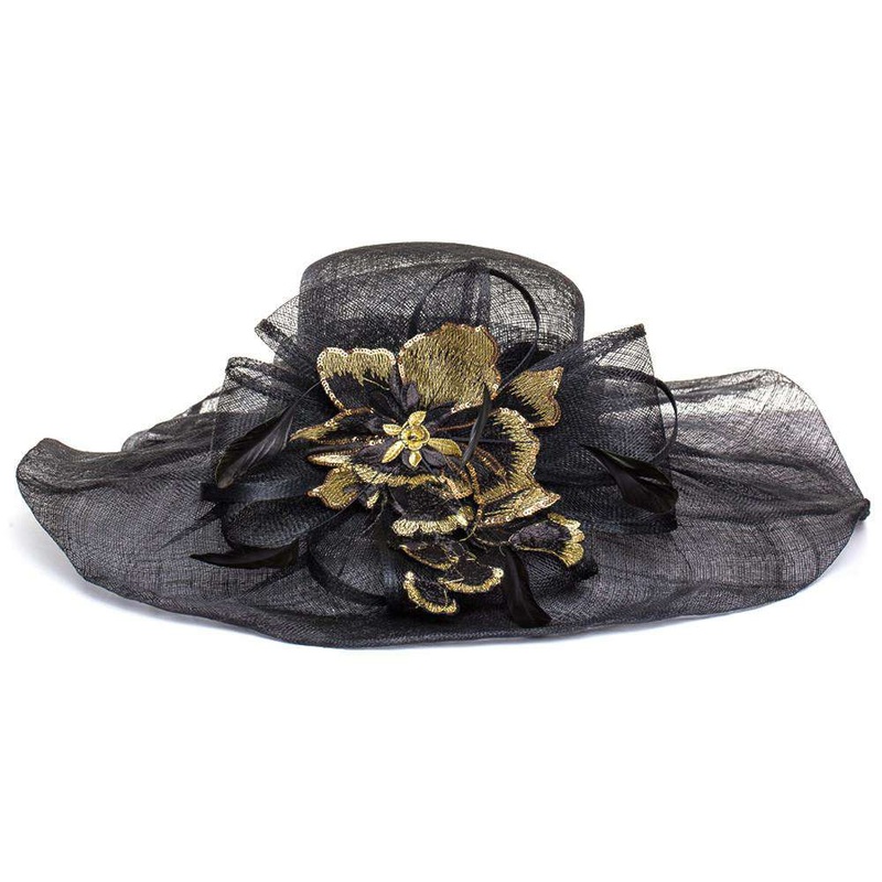 Sinamay Derby Hat with Embroidered Applique Black