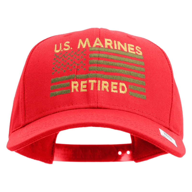 US Marines Retired Flag Design Embroidered 6 Panel Structured Cotton Twill Cap Made in USA Red One Size