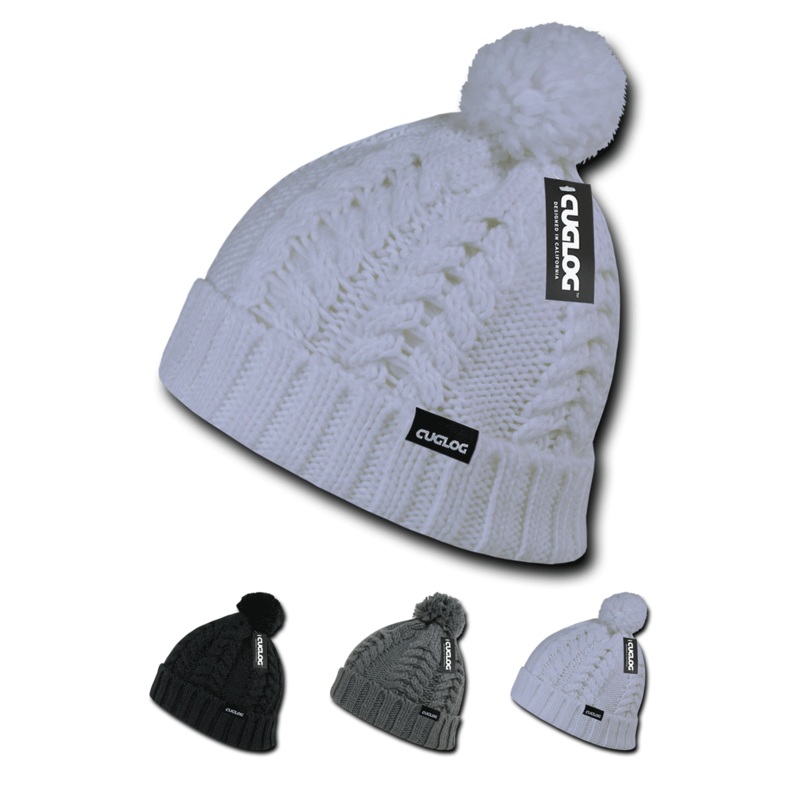 Vesuvius Beanie, Knit Cap, Thick Cable Knit Cuff Beanie with Pom Pom – Cuglog K031 Black