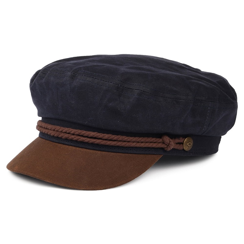 Brixton Hats Waxed Cotton Fiddler Cap – Navy-Brown Small-56cm