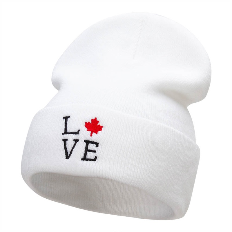Canadian Love Embroidered 12 Inch Long Knitted Beanie White One Size