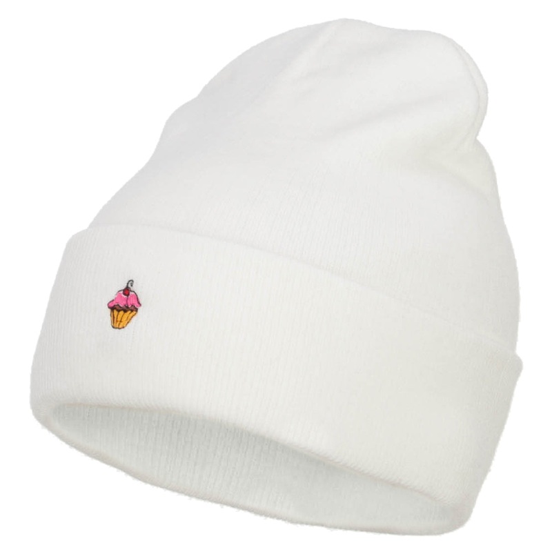 Mini Cupcake Embroidered Long Beanie White One Size