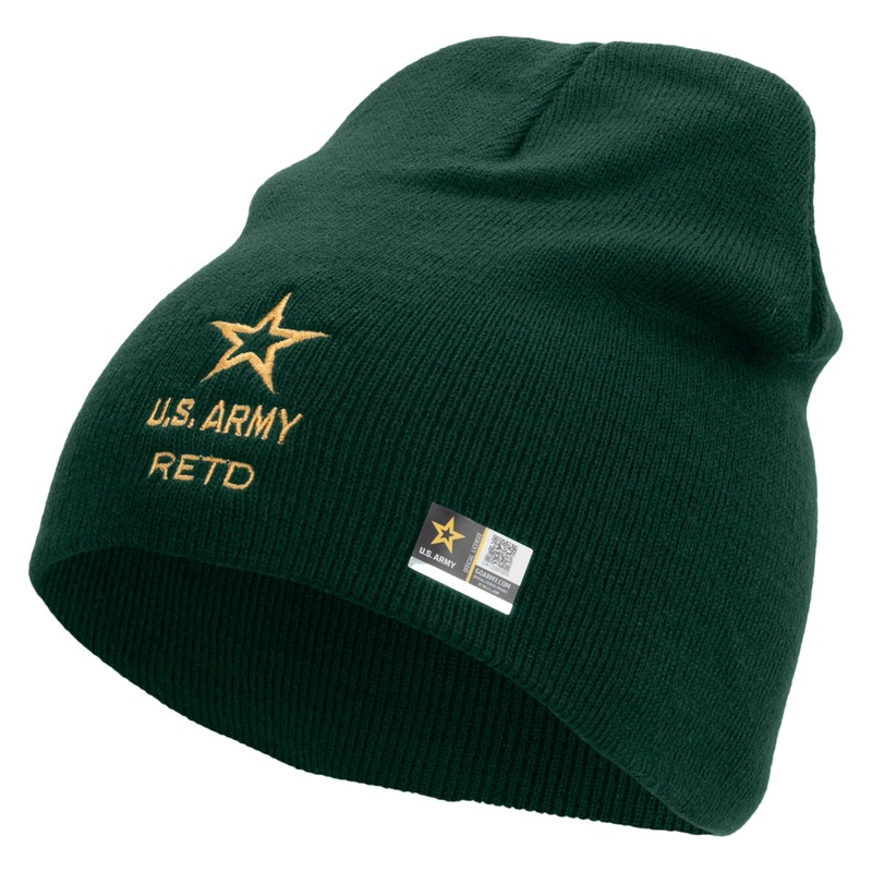 Star US Army Retired Military Embroidered 8 Inch Knitted Short Beanie Dk Green One Size