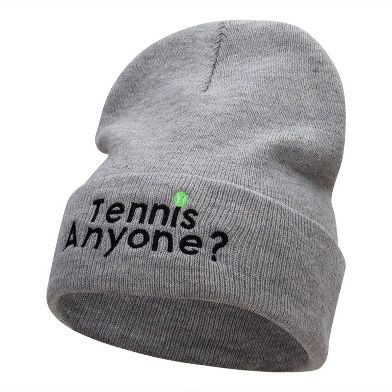 Want To Play Tennis Question Embroidered Long Knitted Beanie Heather Grey One Size