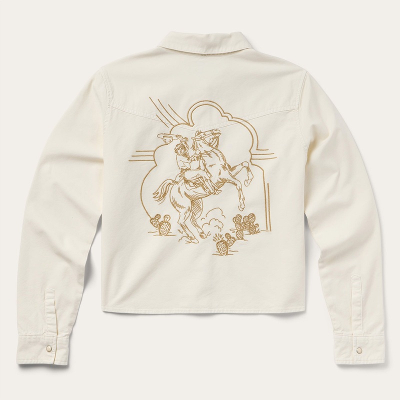 Embroidered Cream Denim Cropped Shirt White XS
