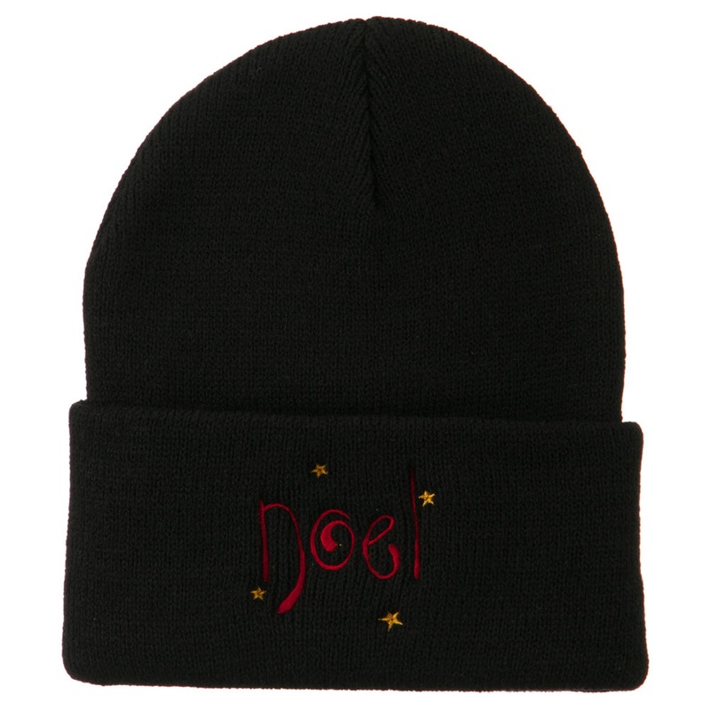 Noel with Stars Embroidered Long Beanie Black One Size