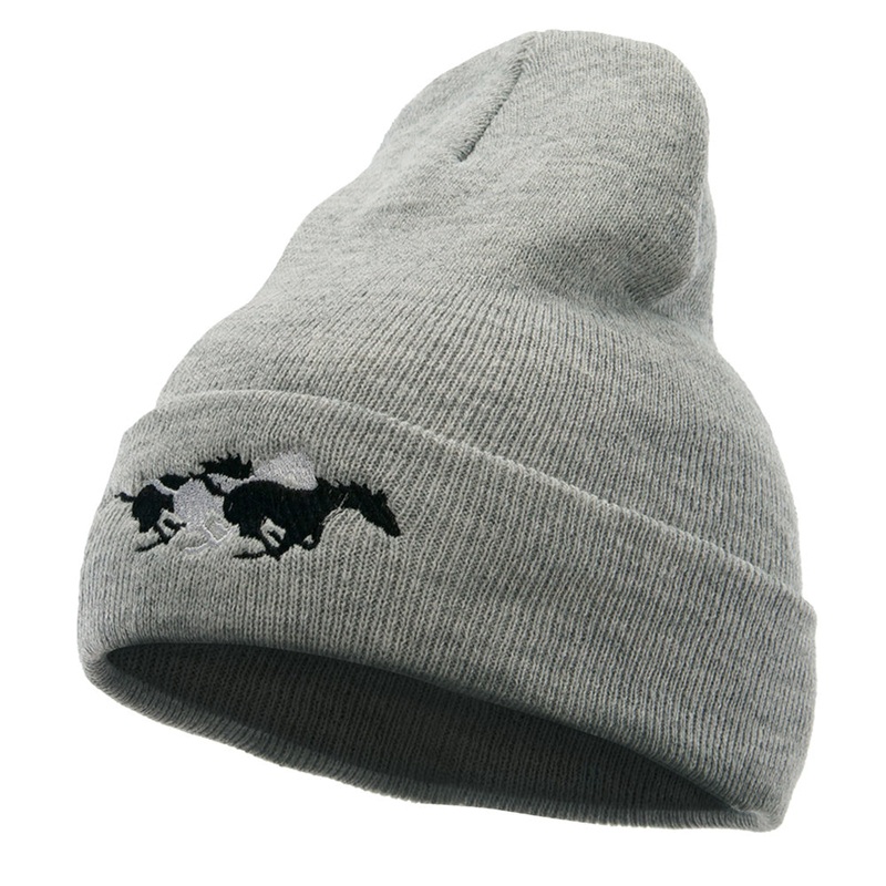 Racing Horses Embroidered 12 Inch Long Knitted Beanie Heather Grey One Size