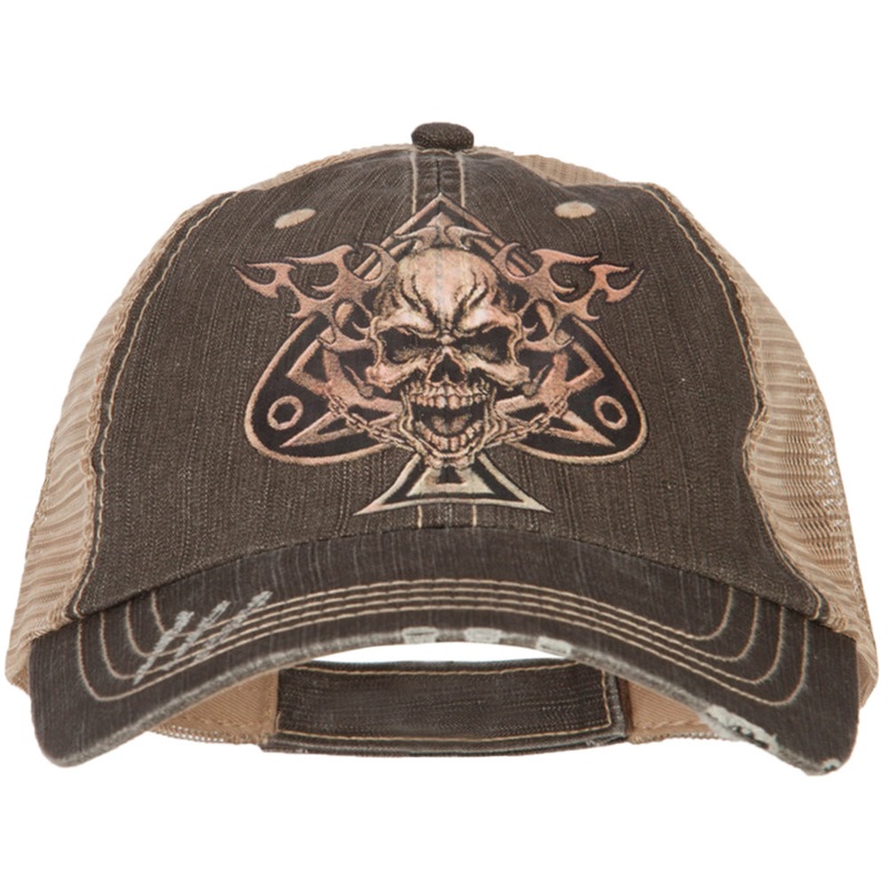 Skull Spade Heat Transfer Designed Low Profile Cotton Mesh Cap Brown Khaki One Size