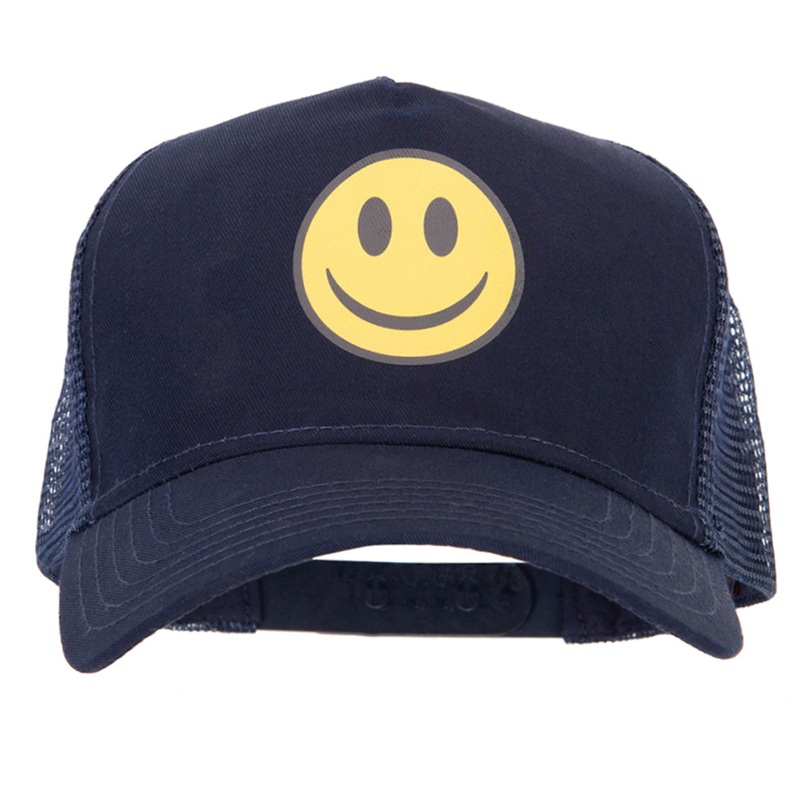 Smile Face Logo Heat Transfer Solid Cotton Twill 5 Panel Mesh Cap Navy One Size