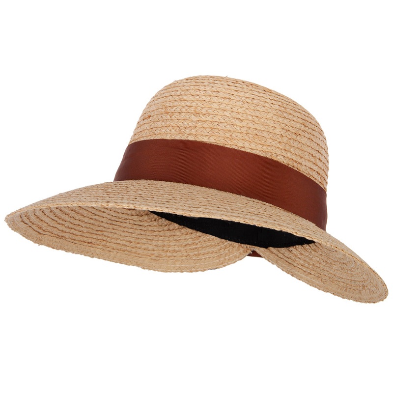 Women’s Raffia Braid Bow Ribbon Band Accented Large Brim Sun Hat Brown Natural One Size