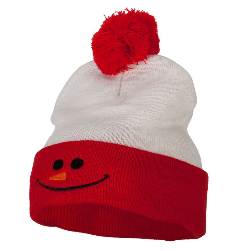 Christmas Snowman Smile Embroidered Cuff Long Beanie Red White One Size