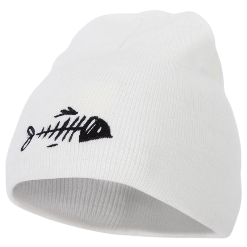 Fish Bone Design Embroidered 8 Inch Knitted Short Beanie White One Size
