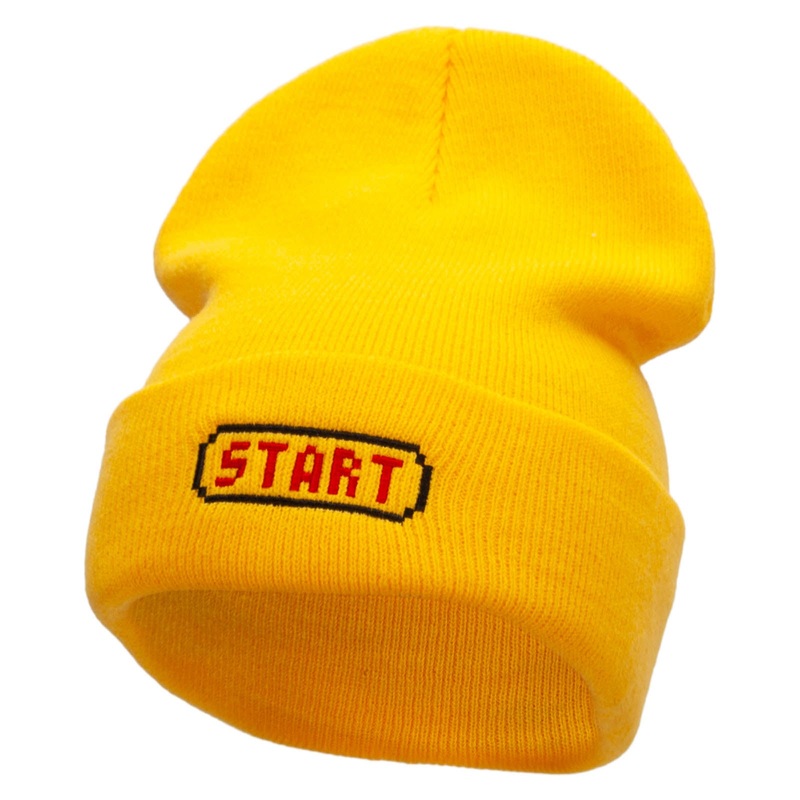 Game Start Button Embroidered 12 Inch Long Knitted Beanie Yellow One Size