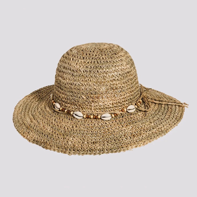 Starling | Womens Crocheted Seagrass Sun Hat with Cowrie Shell Band Natural OS