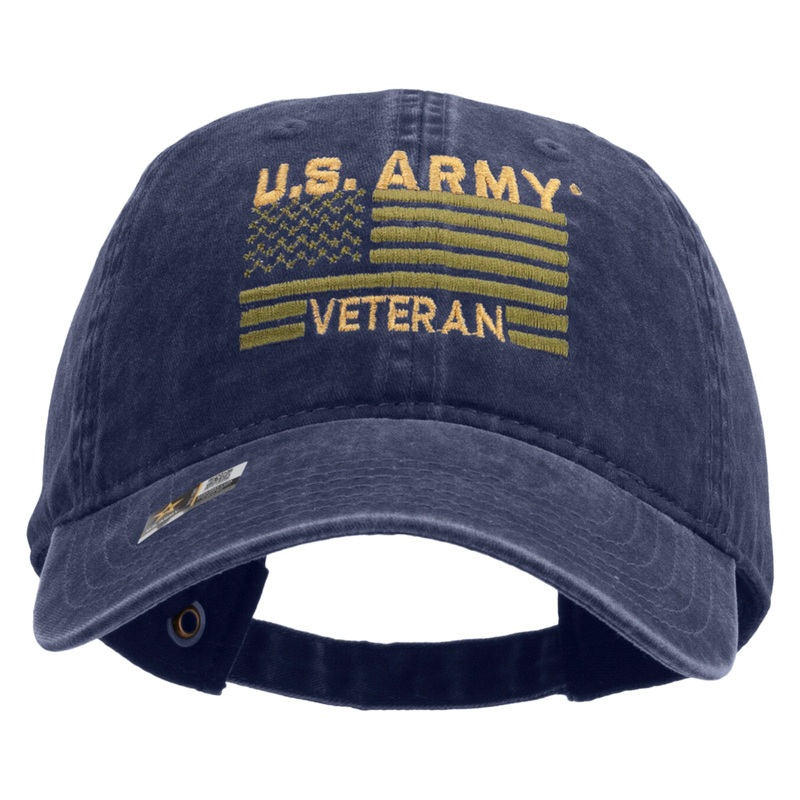 U.S. Army Veteran Flag Embroidered Washed Solid Pigment Dyed Cotton Twill Brass Buckle Cap Navy One Size